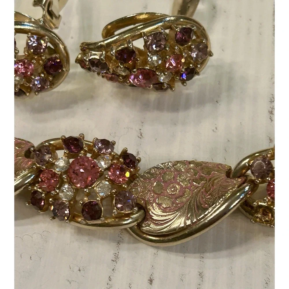 Vintage Rhinestone Enamel Bracelet Earrings Pink Purple Gold Floral Demi Parure‎